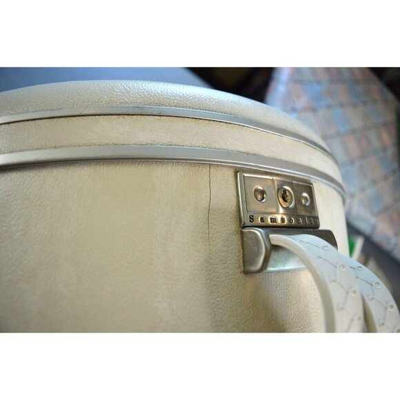 Vintage 60s Samsonite Hat Box Round Luggage Train Case Cream Travel Peach Satin - Picture 10 of 16
